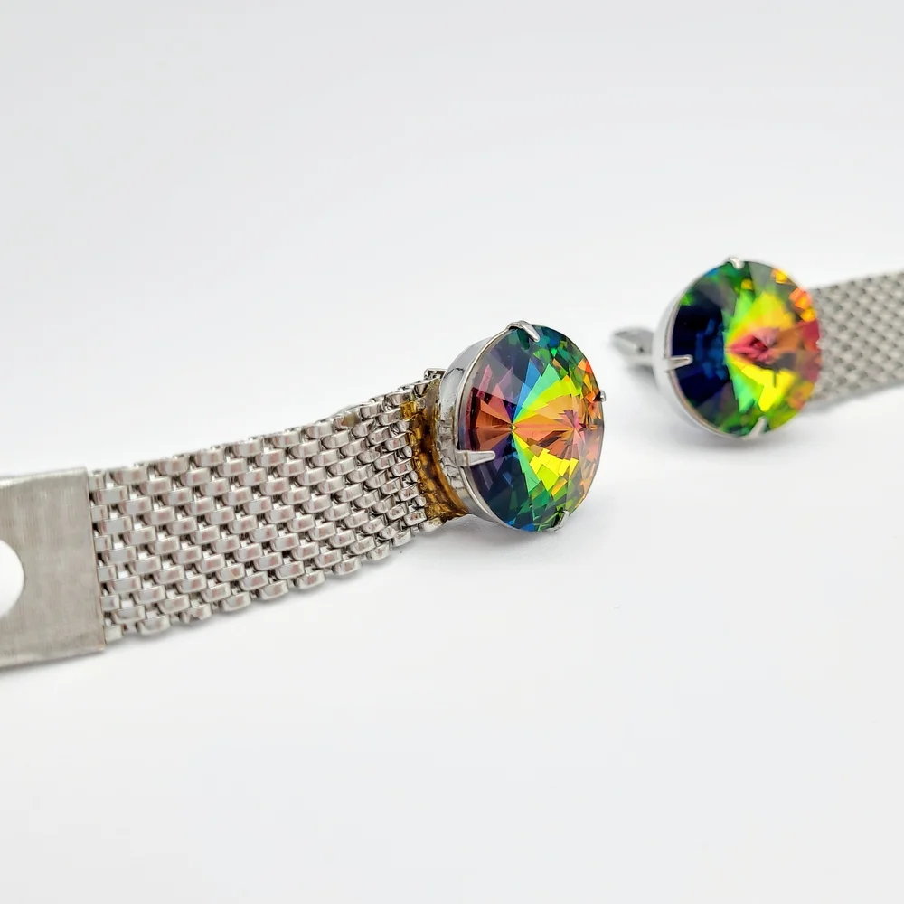 Vintage Rainbow Rivoli Crystal Silver Tone Mesh Cufflinks - Picture 5 of 12